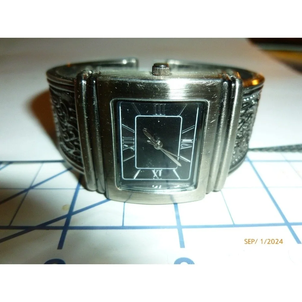 Silver Tone Filigree Cuff Bangle Watch Black Roman Numeral‎ Dial Jewelry